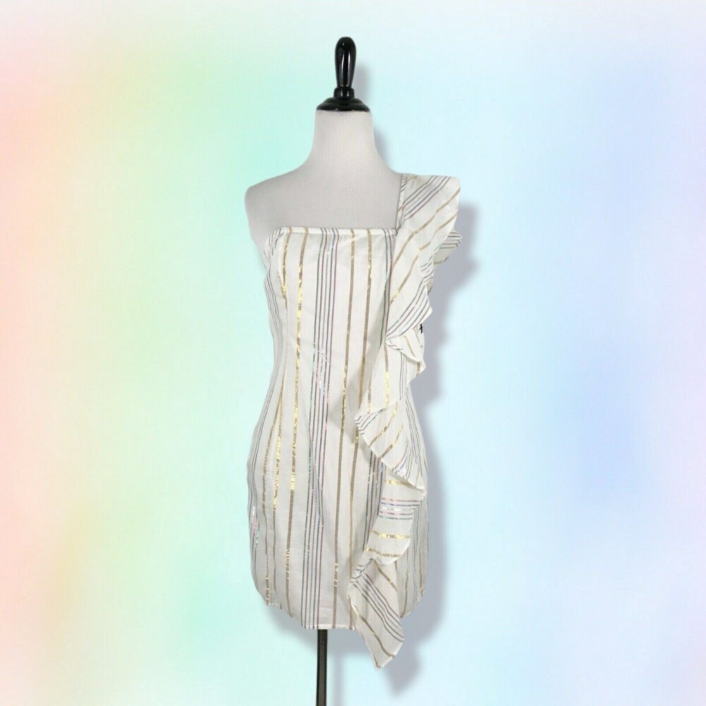 New Tularosa Mini Dress S Cait Ruffle Marshmallow metallic Stripped One-Shoulder